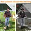 A split image comparing a chicken coop with a convenient entrance (left) to a less convenient one (right), with a man holding chickens and feed in both scenarios. Anteprima dell’immagine prodotto
