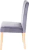 A side view of a gray velvet dining chair with light wooden legs, isolated on a white background. Voir les images du produit