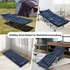 A collage of images showing a navy blue cushioned sleeping pad in various settings: outdoors next to a tent, indoors on a folding cot, and on the floor in a room. Náhled obrázku produktu