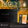 Close-up of an electric fireplace control panel and a smartphone displaying app control, with decorative lights in the background. Produktbild-Vorschau