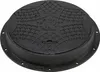 A black round manhole cover with a textured pattern and a central emblem. Produktbild-Vorschau