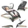 A baby in a gray baby bouncer with a wooden frame, shown from multiple angles. Produktbild-Vorschau