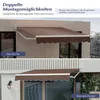 Two images showing a brown awning installed above a door and a window on a building. Produktbild-Vorschau