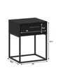 A black bedside table with a drawer, shown with dimensions indicated by measurement lines and numbers. Voir les images du produit