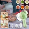A collage of images showing a portable electric vegetable cutter and its accessories, along with various ingredients in bowls. Náhled obrázku produktu