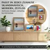 A collection of framed pictures displayed on a wooden shelf, with text overlays describing the product. Produktbild-Vorschau