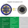 A comparison of two solar ground lights, showing dimensions and a feature comparison table. Produktbild-Vorschau