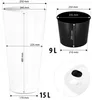 Diagrams and dimensions of two different sized planters, one white and one black, with capacity labels. Podgląd zdjęcia produktu
