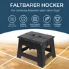 An advertisement for a foldable stool, showcasing its features with icons and text. Produktbild-Vorschau