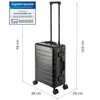 A black aluminum suitcase with dimensions indicated by lines and text. Produktbild-Vorschau