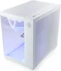 A white gaming PC with a glass side panel and blue internal lighting. Produktbild-Vorschau