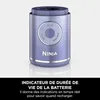 A purple and silver personal blender base with control buttons and text overlay describing its battery life indicator. Náhled obrázku produktu