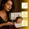 A woman sewing on a machine, with icons representing sewing tools and activities. Podgląd zdjęcia produktu