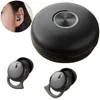 A collage of in-ear Bluetooth headphones and their charging case, with a close-up inset of a person wearing one earbud. Produktbild-Vorschau
