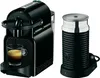 A black Nespresso coffee machine and a black milk frother are displayed side-by-side on a white background. Produktbild-Vorschau
