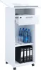 A white mobile lectern with a drawer and shelves, containing water bottles, glasses, and binders. Podgląd zdjęcia produktu