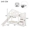 A diagram showing the dimensions of a white bunk bed with a slide and stairs. Náhled obrázku produktu