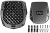 A product shot of a motorcycle accessory kit, including a plate with a grid pattern and a cover with a logo, along with various mounting hardware. Podgląd zdjęcia produktu