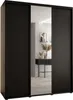 A black wardrobe with three doors, one of which is a mirror, is shown in a room. Produktbild-Vorschau
