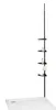 A black telescoping shower caddy with shelves and bath accessories on a white shower base. Náhled obrázku produktu