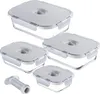 A set of four glass vacuum containers of varying sizes, along with a manual vacuum pump, are displayed against a white background. Anteprima dell’immagine prodotto