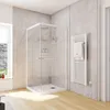 A modern bathroom with a corner shower cabin and a heated towel rack. Produktbild-Vorschau