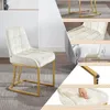 A collage of images showcasing a beige upholstered dining chair with gold metal legs, highlighting its features and design. Produktbild-Vorschau