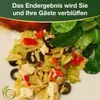 A close-up of a pasta salad with feta cheese, olives, bell peppers, and cucumbers, served with a side of salad greens. Text overlays at the top and a logo at the bottom. Produktbild-Vorschau
