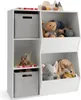 A white toy storage unit filled with stuffed animals and fabric bins. Podgląd zdjęcia produktu
