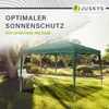 A green pop-up canopy tent set up in a grassy garden with a white bench nearby. Podgląd zdjęcia produktu