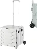 A white foldable shopping cart with a telescopic handle and wheels is shown from the front and side. Produktbild-Vorschau