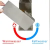 A hand is shown lifting a part of a faucet, with diagrams indicating hot and cold water flow. Produktbild-Vorschau