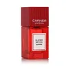 A product shot of a red perfume bottle with a wooden red cap. Voir les images du produit