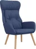 A blue fabric armchair with wooden legs, shown against a white background. Podgląd zdjęcia produktu