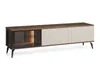 A modern TV cabinet with a wooden top, a glass-fronted section with internal lighting, and a fluted beige front panel. It is supported by four angled black legs. Produktbild-Vorschau