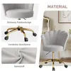 A collage of images showing details of a gray office chair with a gold base and wheels, and a lifestyle shot of the chair in a room. Produktbild-Vorschau
