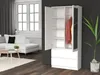 A white wardrobe with two doors, one of which is open, revealing shelves and hanging clothes. The wardrobe is placed in a modern living room setting next to a white sofa. Produktbild-Vorschau