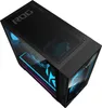 A top-down view of a black gaming PC with RGB lighting visible through the tempered glass side panel. Podgląd zdjęcia produktu