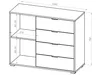 A technical drawing of a white dresser with four drawers and an open shelving unit. Náhľad obrázku produktu