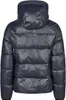 Back view of a navy blue puffer jacket with embossed branding on the upper back. Voir les images du produit