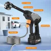 A cordless pressure washer is shown with various components labeled, set against a backdrop of a house and a car. Produktbild-Vorschau