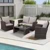 An outdoor patio set with a sofa, two chairs, and a coffee table on a light-colored rug near a swimming pool. Produktbild-Vorschau