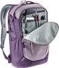 A purple backpack with its main compartment open, showing various pockets and items inside. Produktbild-Vorschau