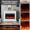 A white electric fireplace with a flame effect, shown in a room setting with decorative elements. The image also includes graphics illustrating different flame brightness levels and speed settings. Produktbild-Vorschau