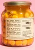 A close-up shot of a glass jar filled with lupin beans in brine, with a label detailing product information. Produktbild-Vorschau