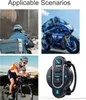 Collage of images showing applicable scenarios for a motorcycle BT controller, including a delivery rider, a motorcycle racer, a cyclist, and the product itself. Produktbild-Vorschau