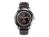A smartwatch with a black face and leather strap, displaying health metrics. Produktbild-Vorschau