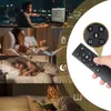 Collage of scenes showing people using a remote control in different settings, with a close-up of the remote. Produktbild-Vorschau