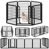 A collage of different configurations of a black metal dog playpen, with a small white dog inside one of the configurations. Podgląd zdjęcia produktu
