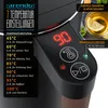 A close-up of a black electric kettle with a digital display showing the temperature and various icons, along with text detailing temperature settings and features. A cup of tea with lemon and mint is visible in the background. Produktbild-Vorschau